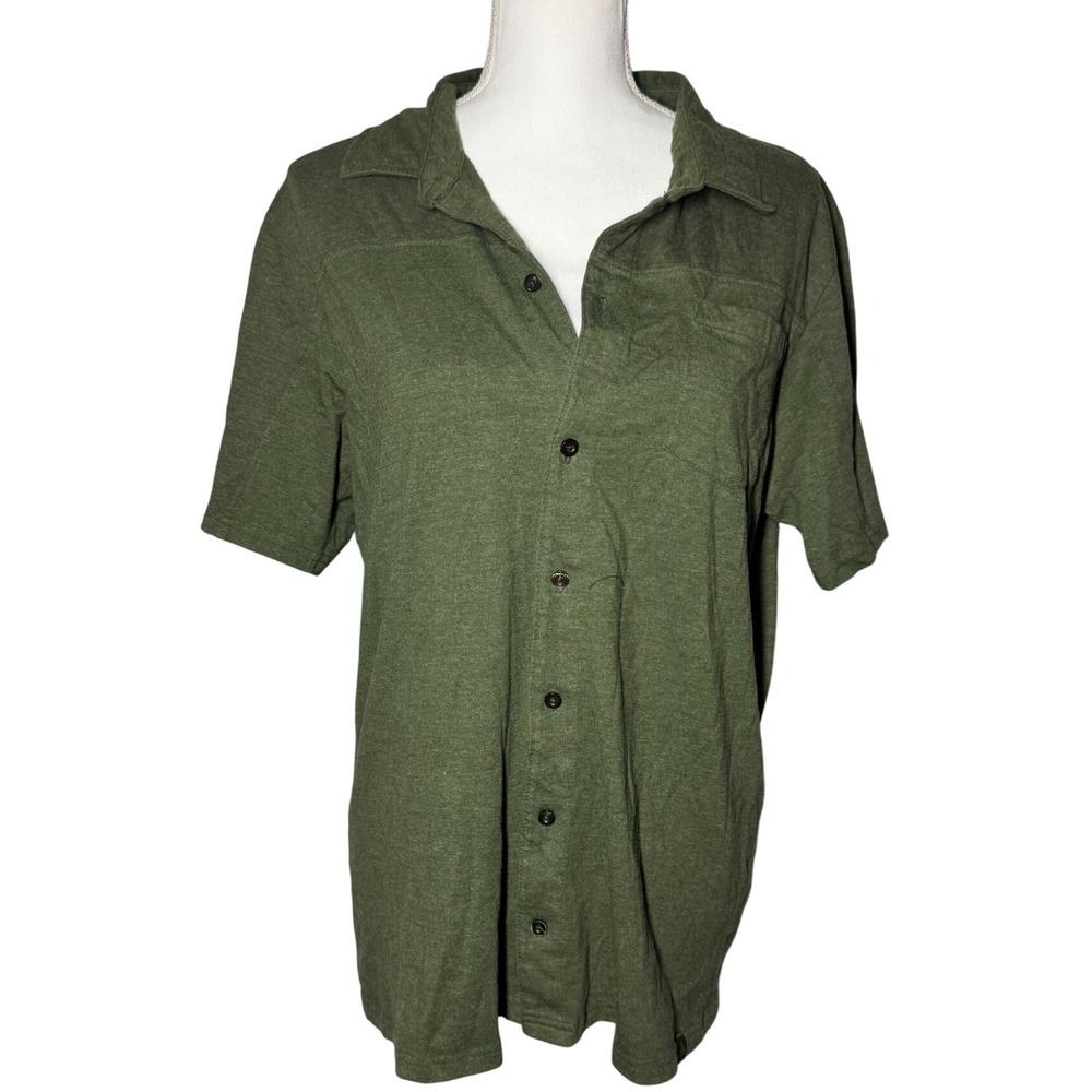 Prana Breathe Short Sleeve Button Down Shirt Large Green Good Heathered Pocket